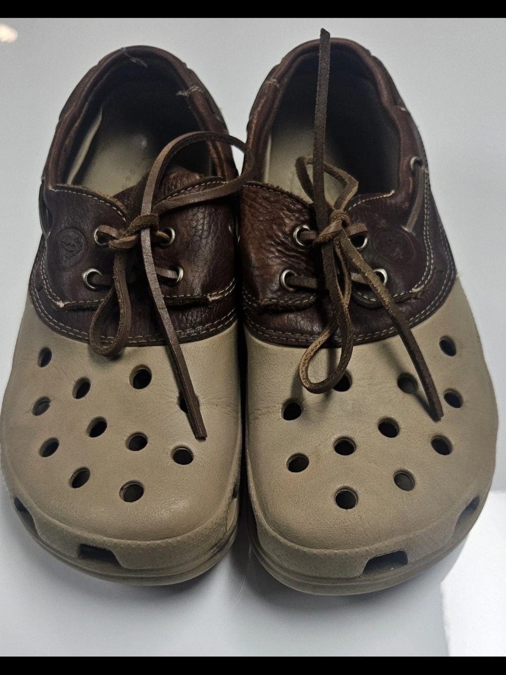 Vintage Discontinued Crocs Leather Boat Shoes Men's Size 9 Brown Rare Moccasin